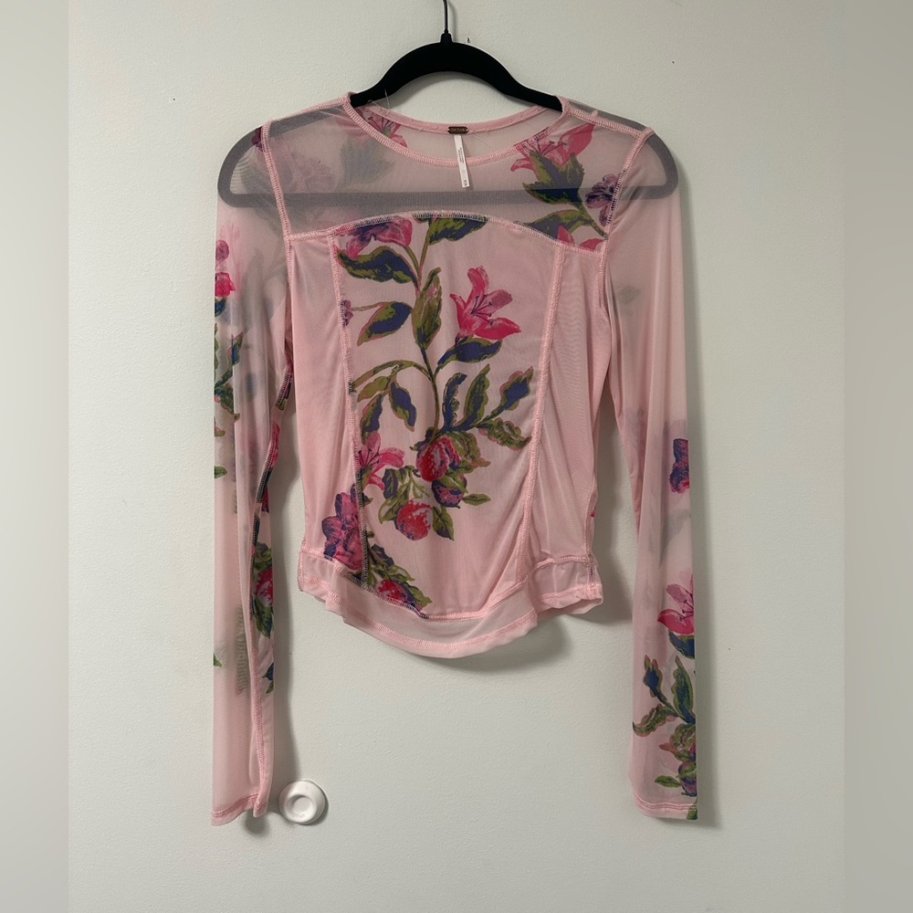 Floral Mesh Long Sleeve Top - Pink